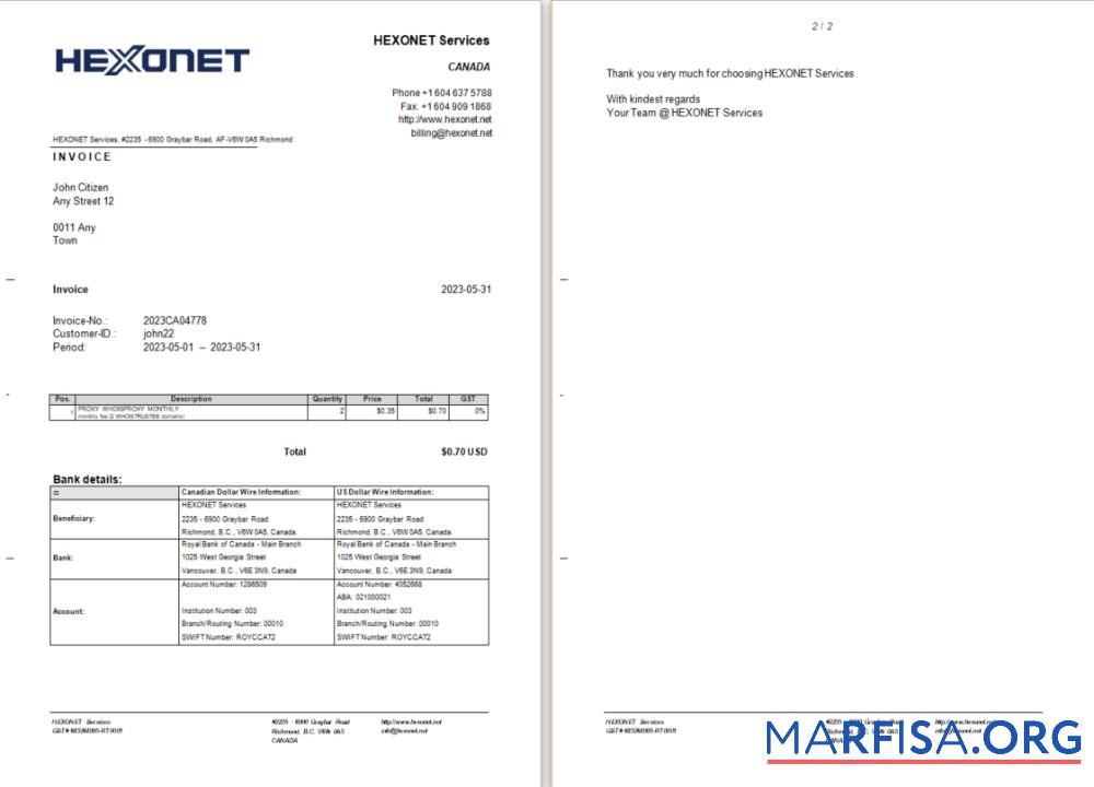 Printable Canada Hexonet Services invoice Word and PDF template